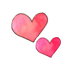 Watercolor illustrations of two hearts, gentle color transition of red, clear outline