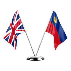 Two table flags isolated on white background 3d illustration, united kingdom and liechtenstein