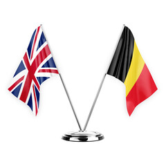 Two table flags isolated on white background 3d illustration, united kingdom and belgium