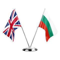 Two table flags isolated on white background 3d illustration, united kingdom and bulgaria