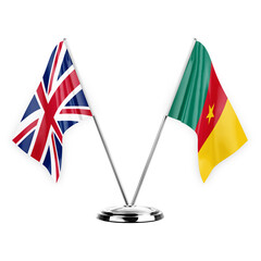 Two table flags isolated on white background 3d illustration, united kingdom and cameroon