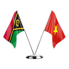 Two table flags isolated on white background 3d illustration, vanuatu and vietnam