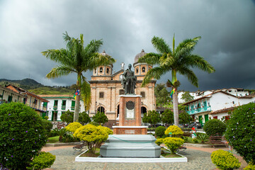 Fototapeta na wymiar Concepción, Antioquia - Colombia - December 27, 2021. Our Lady of the Immaculate Conception Parish, located in the central park of the town