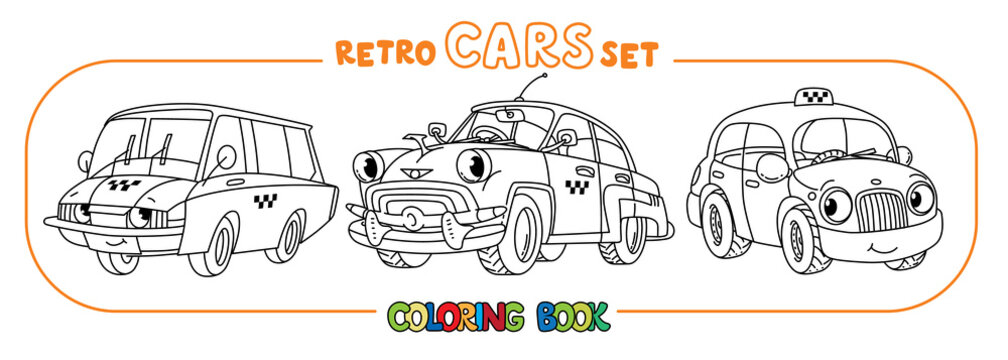Funny small retro taxi cars coloring book set