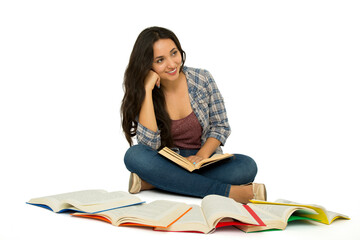 beautiful young woman studying. White background