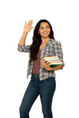 beautiful young woman studying. White background