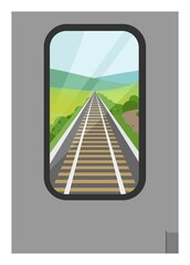 Train car back ride view. Simple flat illustration in perspective view