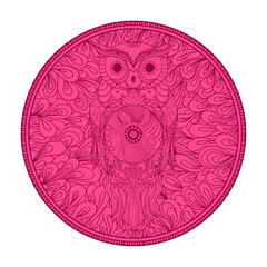 Zendala with owl on white. Zentangle. Hand drawn circle mandala with abstract patterns on isolated background. Design for spiritual relaxation for adults. Vintage and retro style