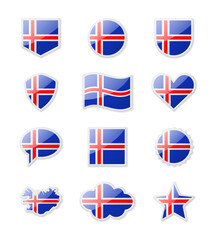 Iceland - set of country flags in the form of stickers of various shapes.