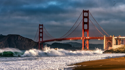 Late evening sun on Golden Gate Bridge San Francisco Bay