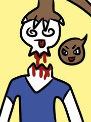 cartoon of devil kill a man on yellow background