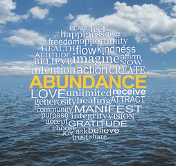 Words associated with ABUNDANCE ocean sky concept - circular word cloud relevant to the law of...