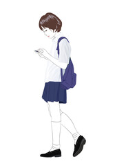 立ち止まりスマホを見る女子高生イラスト