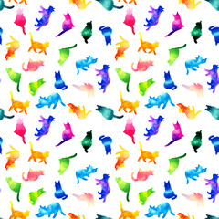 猫シルエットのカラフルな水彩イラスト　手描きのきれいな動物柄背景素材　シームレスパターン