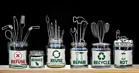 Zero Waste management, illustrated on chalkboard in 6 jars with text Refuse, reduce, recycle,...