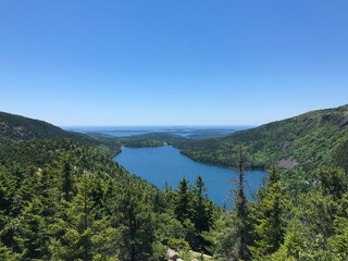 Fototapeta na wymiar View of Jordan Pond from South Bubble summit in Acadia National Park in Maine in summer