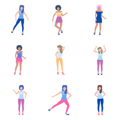 Dancing Girl Flat Icon Set Isolated On White Background