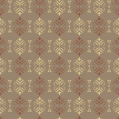 Background image with decorative graphic ornament of floral elements on a brown background. Fabric texture swatch, seamless wallpaper. Vector illustration