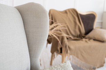 Close up view of elegant and comfort armchair in room with boho style interior. Home interior concept