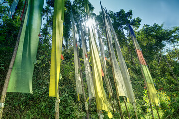 Colourful prayer flags, Buddhist religious symbol - with rising sun from background. Sikkim , India