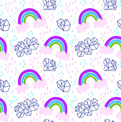 Vector watercolor rainbow with geometric clouds and raindrops. Repeat print for textiles and backgrounds.