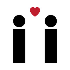 Schematic person silhouette. Rectangular black figures. Red heart. Romantic background. Vector illustration. Stock image.