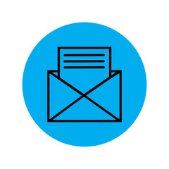 Open envelope icon. Blue circle. Mail sign. Office message. Business correspondence. Vector illustration. Stock image. 