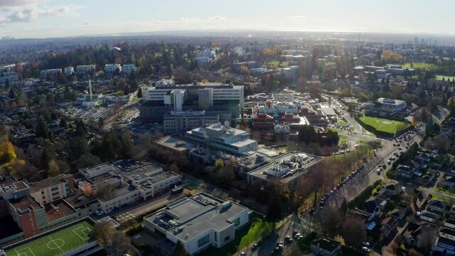 Aerial View Of Traffic At Oak Street Near The BC Children's And Women's Hospital In Vancouver, Canada.