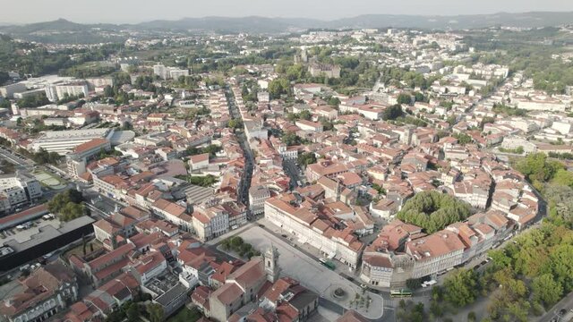 High view over guimaraes cityscape, Aerial orbit Panorama. Portugal