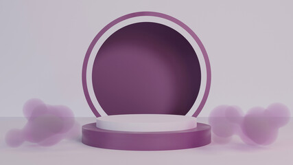 Abstract scene with purple smoke and podium for product display. 3d render illustration