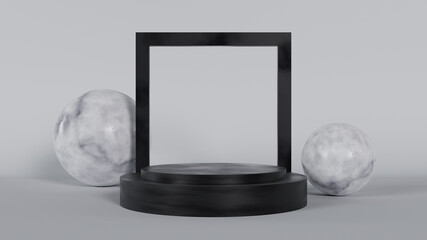 Abstract scene with marble geometric shapes and podium for product display. 3d render illustration