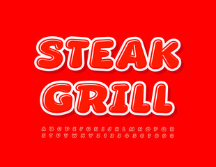 Vector bright Emblem Steak Grill. Trendy Red Font Glossy Alphabet Letters and Numbers set.