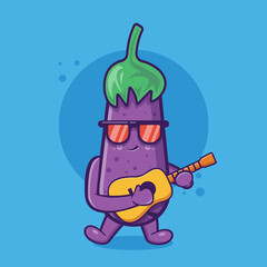 Cool eggplant character mascot playing guitar isolated cartoon in flat style
