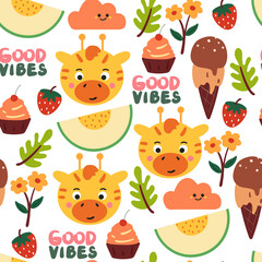 seamless pattern cartoon with cute stuffs. animal and plant, for fabric print, kids wallpaper, cute background for gift wrapping paper