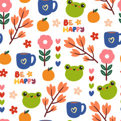 seamless pattern cartoon with cute stuffs. animal and plant, for fabric print, kids wallpaper, cute background for gift wrapping paper