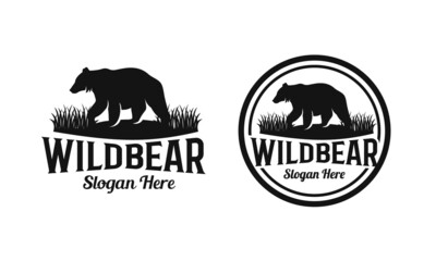 Wild bear walk in the grass logo vintage