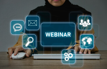 Webinar concept. Hijabi muslim women with a virtual icon on display.