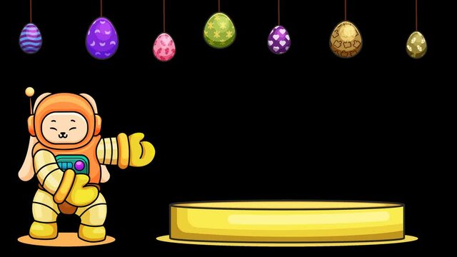 animated video of easter bunny and eggs on a transparent background (alpa channel), with a golden podium. suitable for easter invitations, and for advertising. cartoon animation with simple design