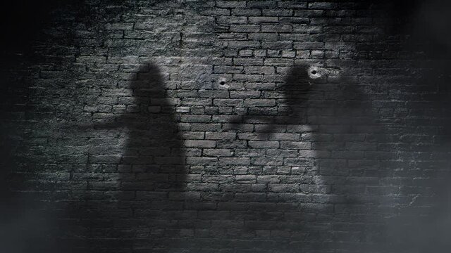 Zombies verses Cops and Bullets Wall Shadows 4K Background features shadows of marching zombies against a brick wall with police lights flashing and bullets hitting the wall.