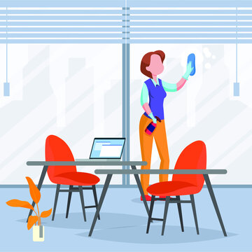 Female is cleaning the office room glass. Vector colorful illustrator. Office.