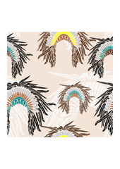 Editable Vector of Front View Native American Headdresses Illustration in Various Colors as Seamless Pattern for Creating Background of Traditional Culture and History Related Design