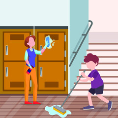 Male student help cleaning service for cleaning school together. Vector colorful illustration. Cleaning school.