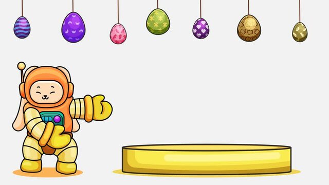 animated video of easter bunny and eggs on white background, with a golden podium. suitable for easter invitations, and for advertising, persentation. cartoon animation with simple design