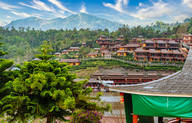 Exciting view of Ban Rak Thai yunnan village with vlue skies and cloud