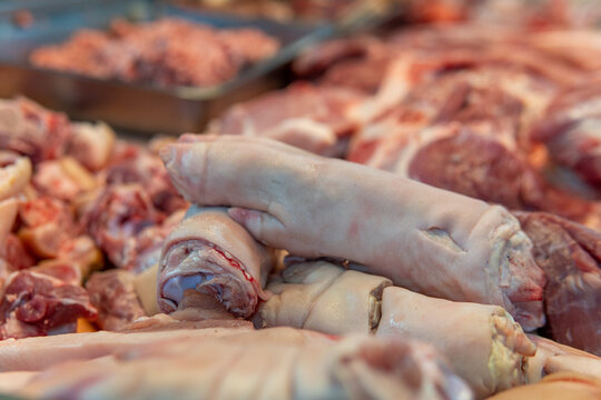 Pig Hooves for sale at meat market in Northern Thailand