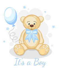 It's a boy. Cute bear with blue balloon and stars. Background for  baby shower, posters, invitation, postcard, greeting card, labels.