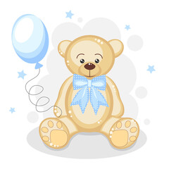 Cute bear with blue balloon and stars. Background for posters, invitation, postcard, greeting card, labels, baby shower,  wallpapers, textiles, papers, fabrics, web pages.