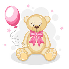 Cute bear with pink balloon and stars. Background for posters, invitation, postcard, greeting card, labels, baby shower,  wallpapers, textiles, papers, fabrics, web pages.