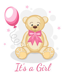 It's a girl. Cute bear with blue balloon and stars. Background for  baby shower, posters, invitation, postcard, greeting card, labels.