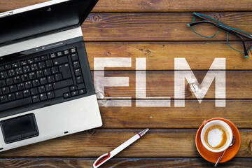 ELM Programming Language. Word Elm on wooden desk and laptop
